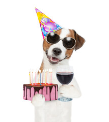 Wall Mural - Jack russell terrier puppy wearing sunglasses and party cap holds cake with lots burning candles and and glass of champagne. isolated on white background