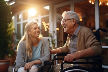 Wall Mural - Smiling young woman spends time with elderly man in wheelchair. Family care and support.