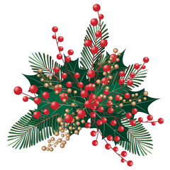 Christmas berries bouquet with red and golden berries, green berry leaves, and pine leaves. Vector illustration design on white background.