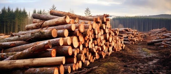 Poster - Winter photo of stacked sawn pine trunks in Lancashire, UK, after forestry work.