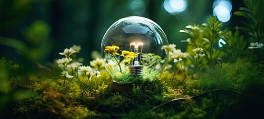 Wall Mural - Light bulb in the middle of a forest, with greenery inside of it