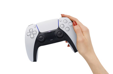 Wall Mural - Female hand hold a gamepad on transparent background PNG