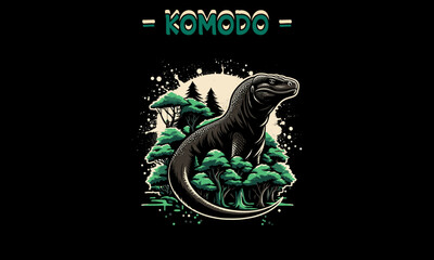 komodo in forest vector illustration tshirt design