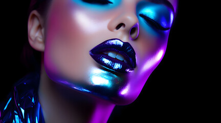 Wall Mural - Metallic silver lip and face woman in colorful bright neon uv blue and purple lights