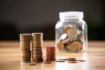 miniature bank with coins stacks jar