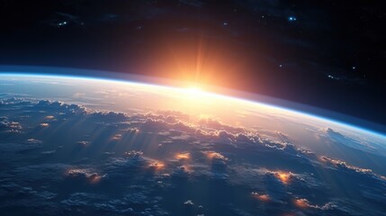 sunrise view of the planet earth from space with the sun setting over the horizon