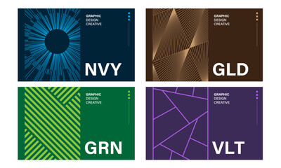 Unique set of 4 card type designs with geometric patterns business cards line pattern collection navy brown green purple gold layout template