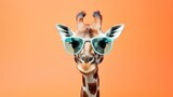 Fototapeta Natura - Funny fashion portrait of a giraffe wearing hipster sunglasses on a solid color background. Ecotourism and African safari, animal concept. Macho man in cool glasses