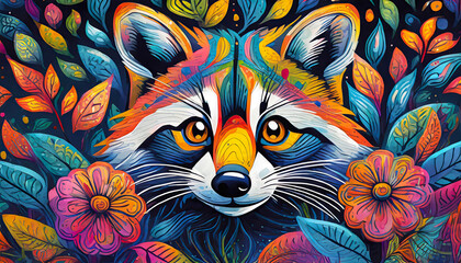 Wall Mural - raccoon bright colorful and vibrant poster illustration