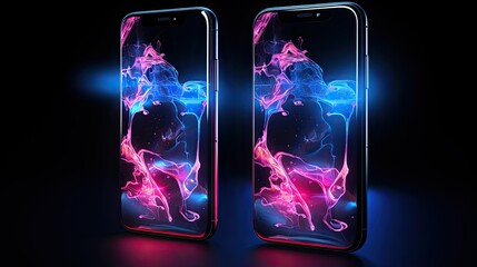 Wall Mural - 3d glowing smoke effect on two phones in pink and blue. dark background.