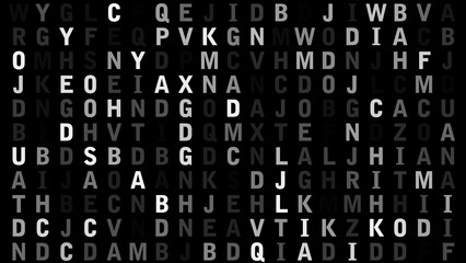 Alphabet letters on black background creating abstract text composition with random letters pattern and typography texture for design inspiration and visual communication