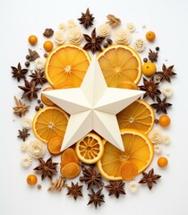 Poster - Christmas star made of oranges and spices on white background. Generative AI.