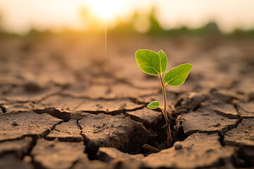 The concept of environmental restoration The growth of seedlings on cracked soil, cracked soil in the dry season affected by global warming causes climate change, water shortages.