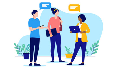 Fototapete - Casual talk in office - Team of three people having conversation and dialogue together with speech bubbles. Flat design simple vector illustration with white background