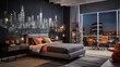 A cityscape-themed bedroom with skyline murals, sleek furniture, and a wall-mounted city map for an urban and cosmopolitan feel.