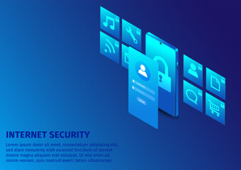 Fototapete - Isometric internet security banner design. cloud computing and multimedia network technology smartphone isometric. Cyber protection graphic vector. Abstract technology design concept.