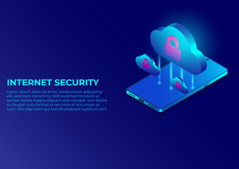 Leinwandbilder - Isometric internet security banner design. cloud computing and multimedia network technology smartphone isometric. Cyber protection graphic vector. Abstract technology design concept.