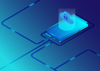 Leinwandbilder - Isometric internet security banner design. cloud computing and multimedia network technology smartphone isometric. Cyber protection graphic vector. Abstract technology design concept.