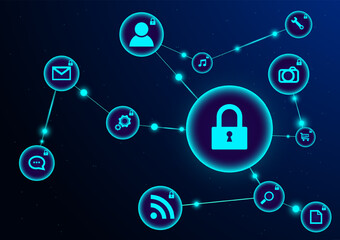 Fototapete - Cyber technology security, Hi-tech vector illustration with various technology elements. Digital internet communication on dark blue. information, technology, Internet protection concept background.
