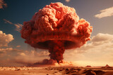 Fototapeta Tęcza - Terrible explosion of a nuclear bomb with a mushroom in the desert. Hydrogen bomb test. Catastrophe