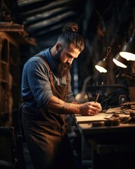 Canvas Print - A man is working on a piece of wood. Generative AI.