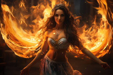 Wall Mural - fire dancers twirling flaming poi in a mesmerizing display, evoking a sense of danger and artistry. 