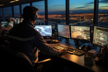 Wall Mural - Scenes from a bustling airport, depicting the coordinated action of ground crews and air traffic control. Generative Ai.