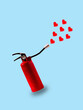 Cute greeting card for st. Valentine's day with fire extinguisher and flying hearts on blue background.