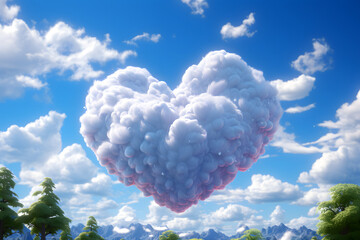 Wall Mural - Sky background. Vibrant color cloud, blue clouds in park. Sun up in blue heart shape sky Sunny day weather, bright light