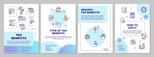 Tax relief blue gradient brochure template. Tax benefits. Leaflet design with linear icons. Editable 4 vector layouts for presentation, annual reports. Arial-Black, Myriad Pro-Regular fonts used