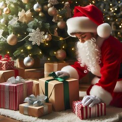 Wall Mural - Santa Claus puts down gift boxes under the Christmas tree