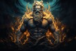 © chartchai - muscular bearded Poseidon in golden crown standing among stormy splashing seawater and holding trident in darkness.by Generative AI.