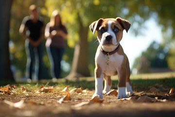 Poster - A curious puppy meeting new human and animal friends at the park. Concept of socialization. Generative Ai.