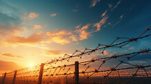barbed wire fence with blue sky. restricted area