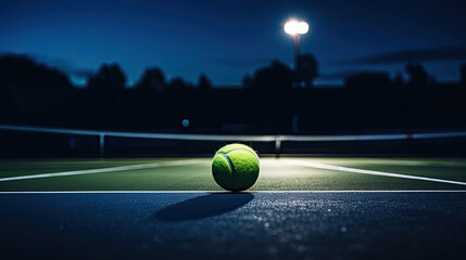 Wall Mural - Twilight tennis ball under warm stadium lights