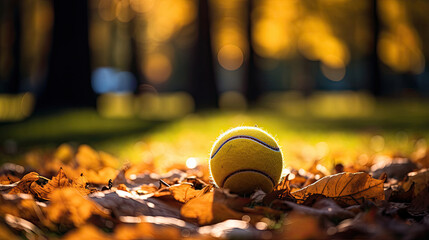 Wall Mural - Tennis ball on autumn leaves golden sunlight