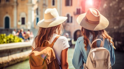 Fun, friends, travel and tourism concept. Beautiful young women seeing the sights in an European city. Two female friends tourists wearing hats and backpacks travel around Europe. Trip, vacation