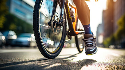 Wall Mural - Close-up of cyclist's feet in colorful pedals on urban road