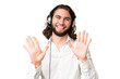 © luismolinero - Telemarketer man working with a headset over isolated chroma key background counting ten with fingers