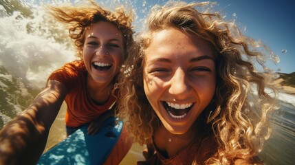 two happy curly-haired teenage friends riding a surfboard, taking a selfie together on the waves against the blue sky, two different kids leading a healthy active lifestyle, High quality photo