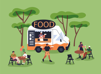 Wall Mural - Street food truck, cafe van in nature. Tiny people relaxing, eating, sitting at tables near caravan in park on summer vacation, weekend. Characters resting, eating outside. Flat vector illustration