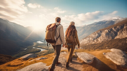 A family couple or friends hiking together in the mountains in the vacation trip weekend. Enjoying walking in the beautiful nature landscape. Trekking, tourism, active lifestyle. Back view