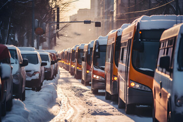 Traffic jam of cars and buses buried on city streets.