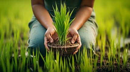 Wall Mural - Human hands close up with rice sprouts against the background of a rice field.