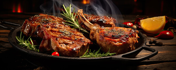 Roasted lamb chops or ribs on a wooden board