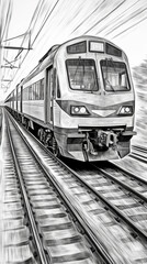 Wall Mural - Train Circulating on a Track Black and White Sketch Background