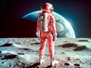 a female astronaut on the moon's surface, wearing a pink, stylishly designed spacesuit