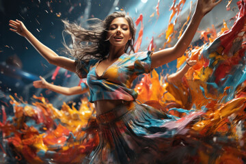 Wall Mural - abstract art showcasing girls with paint-splattered clothing engaged in an energetic dance, expressi