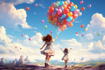 Wall Mural - Whimsical illustrations of girls with balloons in hand, floating above the ground, representing the uplifting and buoyant spirit of youth. Generative Ai.