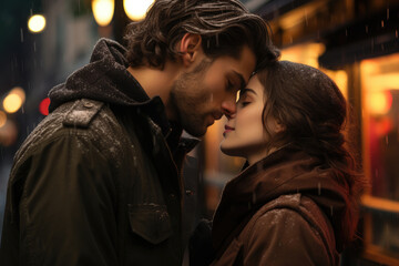 Young couple kissing outdoors under the snow